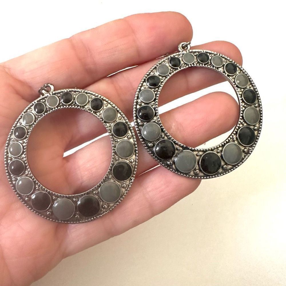 Silver tone black and grey large circle earrings